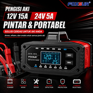 Charger Aki Foxsur Mobil Motor 12V/24V Smart Battery Charger 15A 10 Tahap Otomatis dan Repair LiFePO