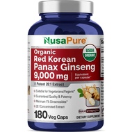 NusaPure Red Korean Panax Ginseng 9,000mg 180 Veggie Capsules (USDA Organic, Non-GMO, Extract 20:1)