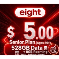 Eight Telecom $5 (Senior Plan) – 528GB Data + 8GB Roaming (Ages 60+) Top Up / Recharge / Renewal
