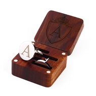 Mens Initial Silver Cufflinks A-Z Alphabet Letter Steel Cuff Links with Engraved Walnut Wood Box Gro