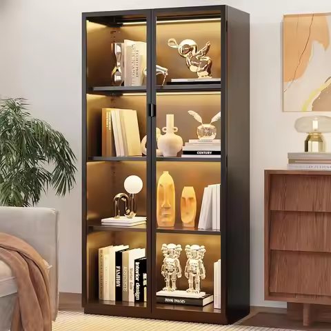 Display Cabinet with Glass Doors and LED Lights, Glass Display Cabinet with 3 Adjustable Shelves, 4 