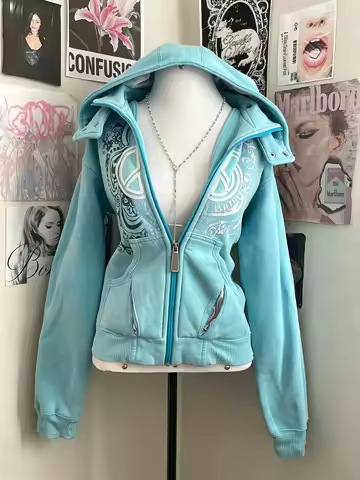 2000s Retro Blue Full Zipper Hoodie Female Harajuku Grunge Printed Hoodie Streetwear