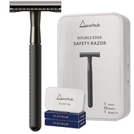 Double Edge Safety Razor Stainless Steel Metal Reusable Wet Shaving Razor with 10 Swedish Platinum B