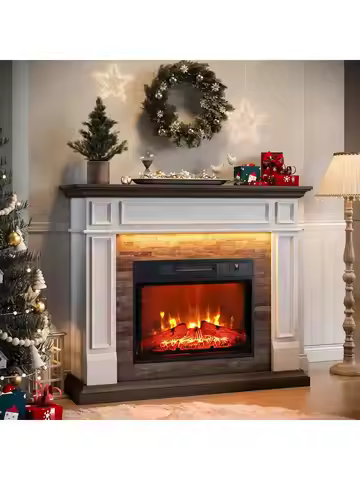 LED Light 44" Electric Fireplace Mantel, LED Light Farmhouse Fireplace TV Stand, Custom