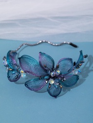 1入女士藍色手工製花與水晶髮帶,3d漸層顏色髮箍,適用於日常、派對、晚禮服配件優雅