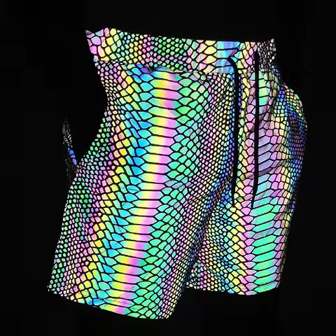 Summer Shorts Men 2025 Jogger Reflective Safety Trouser Snakeskin Print Drawstring Elastic Waist Cyc