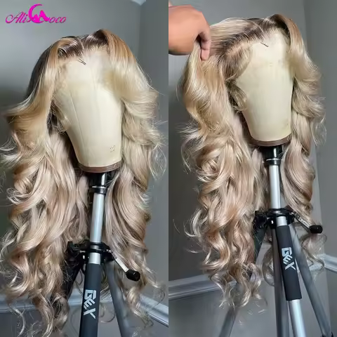 180 Density Brown Roots Ash Blonde Body Wave Lace Frontal Wig 13x6 Ombre Ash Blonde Human Hair Wigs 