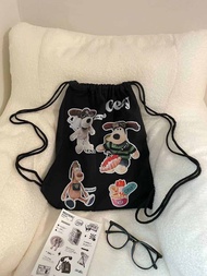 Original American Retro Cute Wallace and Gromit Print Backpack Canvas Bag Niche Style Drawstring Dra