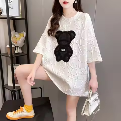Women's T-shirts Harajuku Girls Plus Size Tops Letter Jacquard O-neck Short Sleeves Loose Summer Tsh