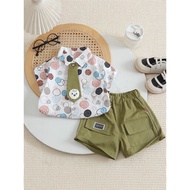 Boy Baby Summer Clothes Cartoon Tie Shirt Short-Sleeved Suit Baby Children Cool Handsome Handsome Cl