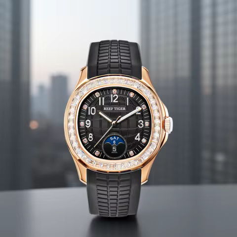 Reef Tiger/RT Luxury Mens Rose Gold Square Multifunction Sport Watch Golf Calendar Luminous Rubber M