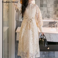 New Spring Vintage Dress Woman Purple Lace Single-breasted High Waist Dresses Woman Vestido Long Puf