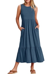 Women Summer Casual Sleeveless Crewneck Sundress Aline Flowy Tiered Maxi Long Beach Dress Vacation O