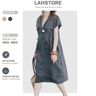 LAHSTORE linen straight dress short sleeve V-neck with box waist belt DS15 (Navy Blue)