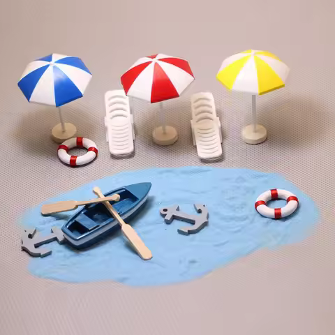 Summer Beach Landscape Seascape Ornaments Boat Starfish Sun Umbrella Lifebuoy Chair Model Miniature 