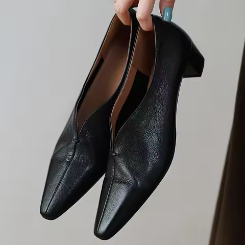 2025 Spring new women's sheepskin slip-on pumps 4cm thick med heel elegant ladies OL style daily dre