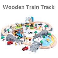 Wooden Train Set Mini City for Toddler with Double-Side Train Tracks Fits Brio, Thomas, Melissa, Doug and Ikea
