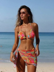 Conjunto De Bikini Floral Para Mujeres Con Falda De Playa, Traje De Baño De 3 Piezas Para Carnaval