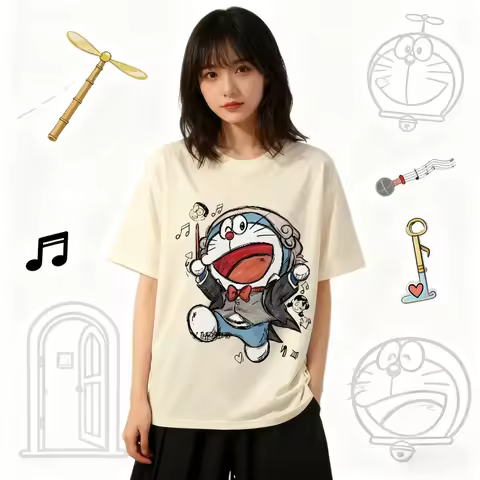 Large Size Japanese Retro Doraemon Printed Pure Cotton Short Sleeved T-shirt for Men and Women in Su