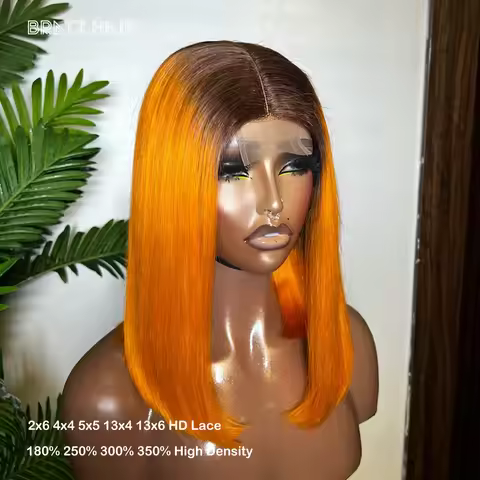 Super Double Drawn Ombre Orange Bob Human Hair 2by6 Kim K Closure Bob Wig Pre Plucked T4/350 4x4 13x