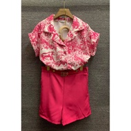 New arrivals Bangkok style women's causal print lapel collar tops+plain shorts terno