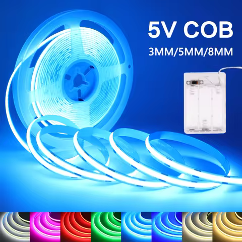 5V COB LED Light Strip AA Battery Powered Flexible Ribbon Diode 3MM 5MM 8MM RA90 High Density Linear