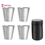 Stainless Steel Shot Cups, Set of 4 Cups, Metal Shot Glasses, Stackable, Hip Flask Small with Leathe