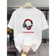 Kasut Grafik Kasual Lelaki - Tee Putih Dengan Rekaan Fon Kepala "Can'T Hear You, I'M Playing Games",