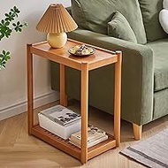 Side Table, Solid Wood Narrow End Table with Storage Shelf and Wheels, 2-Tier Sofa Table for Living 