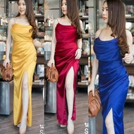 1218 Dress Olla: Gaun Pesta Simple Wanita Berlipat- Warna Kuning, Biru, Marun - Scuba Stretch Maxi D