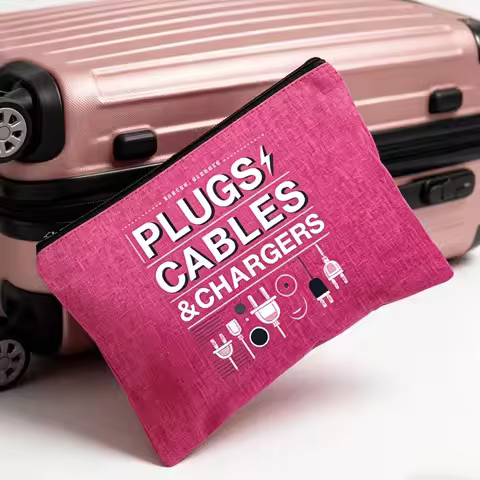 Charging cable storage bag - magenta color, with device icon, lightweight and foldable, storage bag.