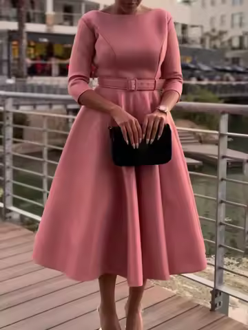 AOMEI Elegant Women Party Dresses A Line with Waist Belt Three Quarter Sleeves Classy Office Ladies 