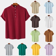 Men's Loose Causal Cotton&linen Stand Collar Short Sleeve Polo Shirt Brown\Khaki\Light Blue\Green\Co
