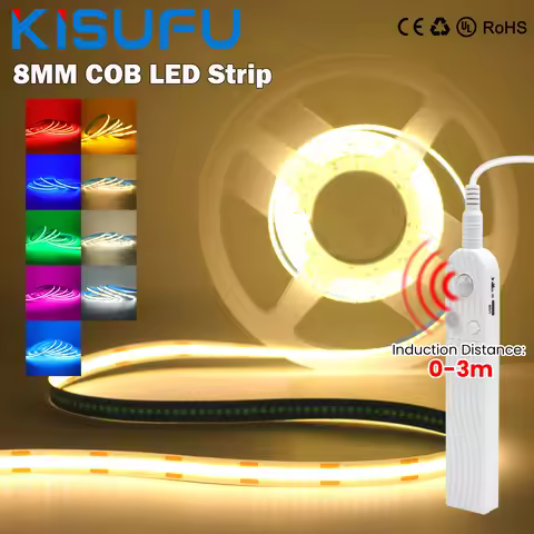 Motion Sensor 8MM COB LED Strip Light AAA Battery Powered 5V 320LEDs/M Auto ON/OFF Flex Cabinet Ward