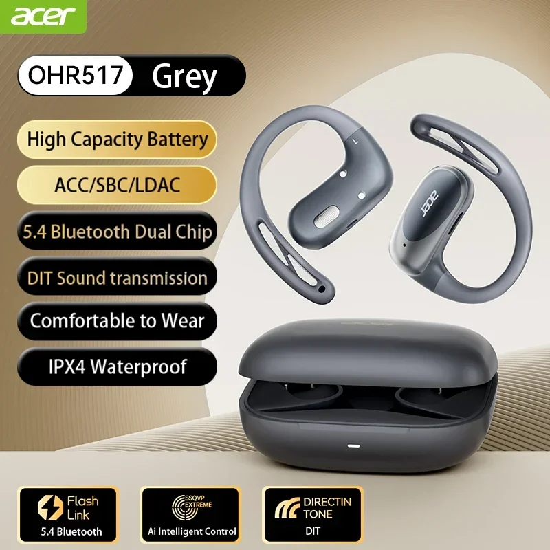 Acer OHR-517 Open-Ear Earphones Ear Hooks Wireless Bluetooth 5.4 Headphones Hi-Res OWS Earphones Bas