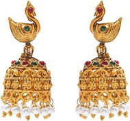 Traditional Indian Handcrafted Peacock Design Antique Gold Plated Kundan Polki Temple Jewellery Jhumka Earring For Women (SJ_1921), Medium, Brass, Cubic Zirconia