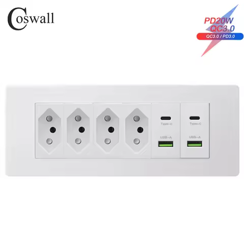 Coswall PC Panel PD 3.0 20W Type-C Dual USB Fast Charge Outlet Brasil Wall Socket Brazil Standard 20