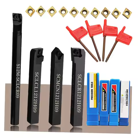 4PCS 12mm Shank Lathe Turning Tool Holder Carbide Inserts T15 Wrench S12M-SCLCR09 SCLCR1212H09 SCLCL