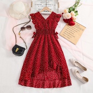 Kids Casual Dress For Girls Summer Clothes 2024 New Children Fashion V-Neck Sleeveless Dot Print Red A-Line Princess Dress 7-14Y