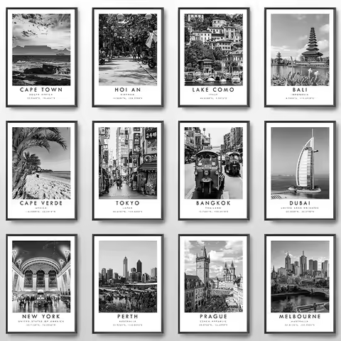 Dubai Prague Sydney Perth Tokyo Travel City Black White Poster Print Canvas Painting Wall Art Pictur