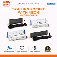 Megaman Trailing Socket With Neon / Extension Cord / SIRIM / White & Blue / Black & Gold / 2 Metres 