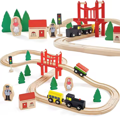 Wooden Train Set - 39 Pieces Wooden Train Tracks for Kids, Toddler Boys and Girls - Fits Thomas, Bri