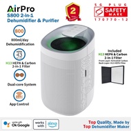 【H13 HEPA & Carbon 2in1 Filter Included】AirPro S800 Dehumidifier & Purifier 2in1/WiFi/ 800ml/Day/SG 