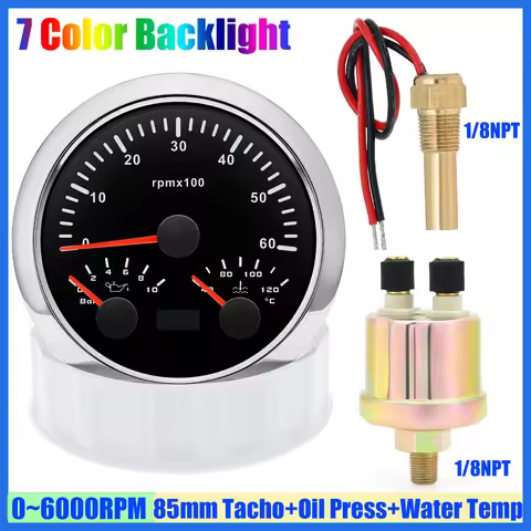 3 IN 1 7 Color Light 85mm Tachometer+Oil Pressure+Water Temp Gauge with Sensor 1/8NPT for Car Boat 4