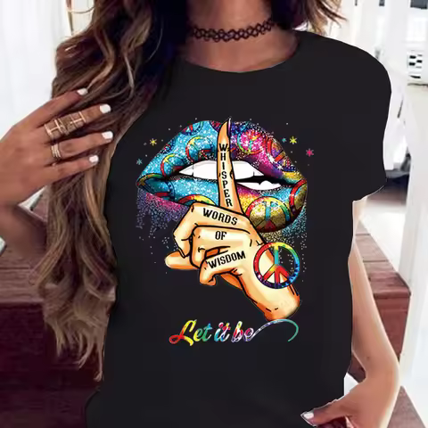 COTTON 100% Loose Crew-neck Creative Mouth Short-sleeved T-shirt Woman Oversized T Shirt Tops Aesthe