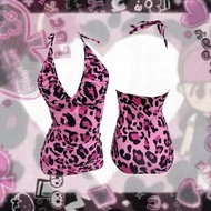 Shibuya Halter Top - Leopard Print Pleated Pink y2k Fashion