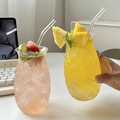 Pineapple Glass Cup Coffee Cup Straw Transparent Drinking Cup Cocktail Bar Beverage Soda Water Juice