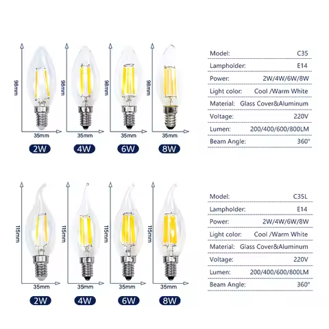 1-24PCS C35 Candle Led Bulb C35L E14 Base 2W 4W 6W 8W Edison Light Bulb 2700K Warm Cold White 6000K 