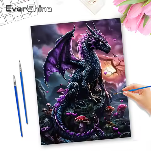 Evershine Oil Painting By Numbers Set Dragon Numbers Painting Animal Drawing On Canvas Art Mushroom 