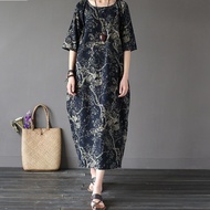 S-5XL Baju Kurung Moden Women Floral Print Casual Plus Size Long Dress Cotton Maxi Dress